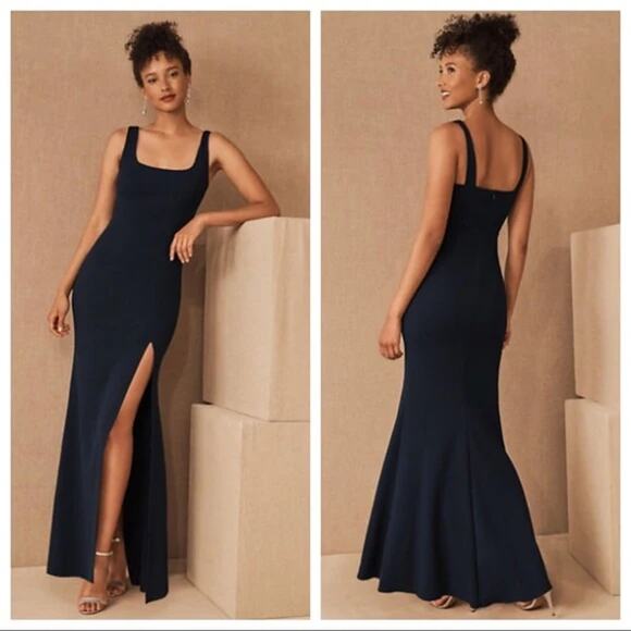 BHLDN Adena Square-Neck Navy Blue Crepe Maxi Dress